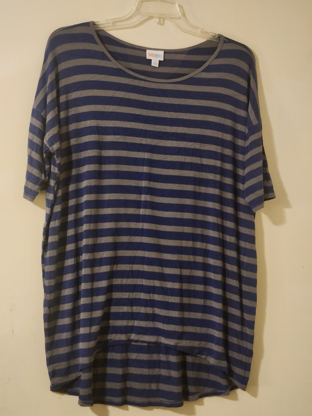 LuLaRoe Blue and Gray Nautical Striped Comfy Athleisure High Low Hem Tunic L